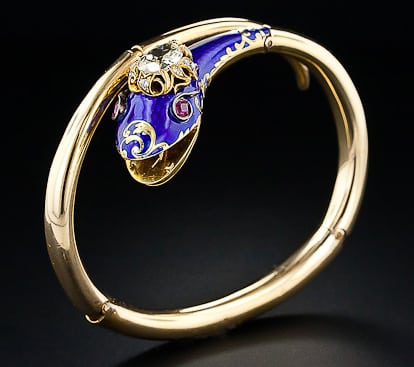 Victorian Diamond and Enamel Snake Bangle Bracelet.