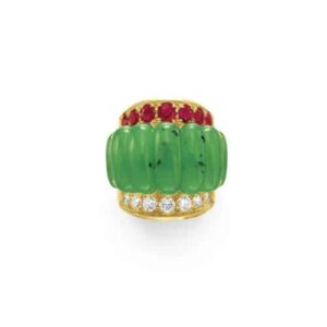 Hydrogrossular garnet with ruby and diamond. Bombé design Signed Webb for David Webb. Photo courtesy of Christie's.