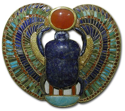 Inlay of Precious Stones in Cloissons of Gold. A Winged Scarab with Lapis Lazulli, Malachite, Turqoise and a Carnelian Sun.