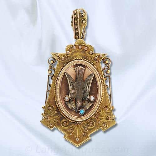 Victorian Seed Pearl, Turquoise and Gold Dove Locket.