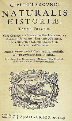 Naturalis Historia, 1669 edition, title page. The title at the top reads: Volume I of the Natural History of Gaius Plinius Secundus.