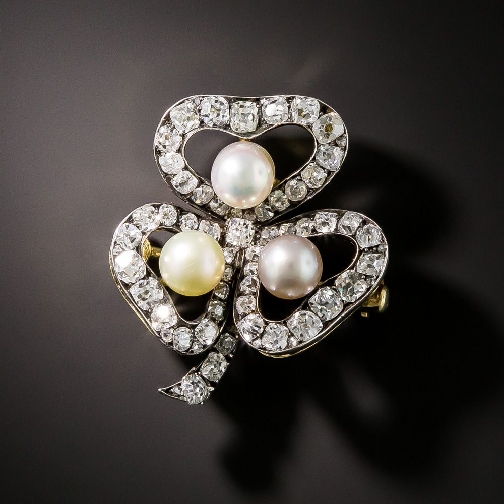 Fabergé Diamond and Pearl Three Leaf Clover Brooch.