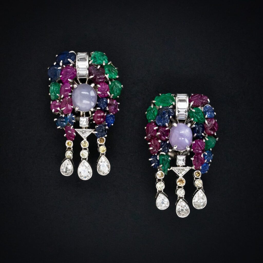 Art Deco Tutti Frutti Earrings c.1925. Carved Rubies, Emeralds & Sapphires.