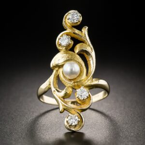 Art Nouveau Sinuous Pearl and Diamond Ring.