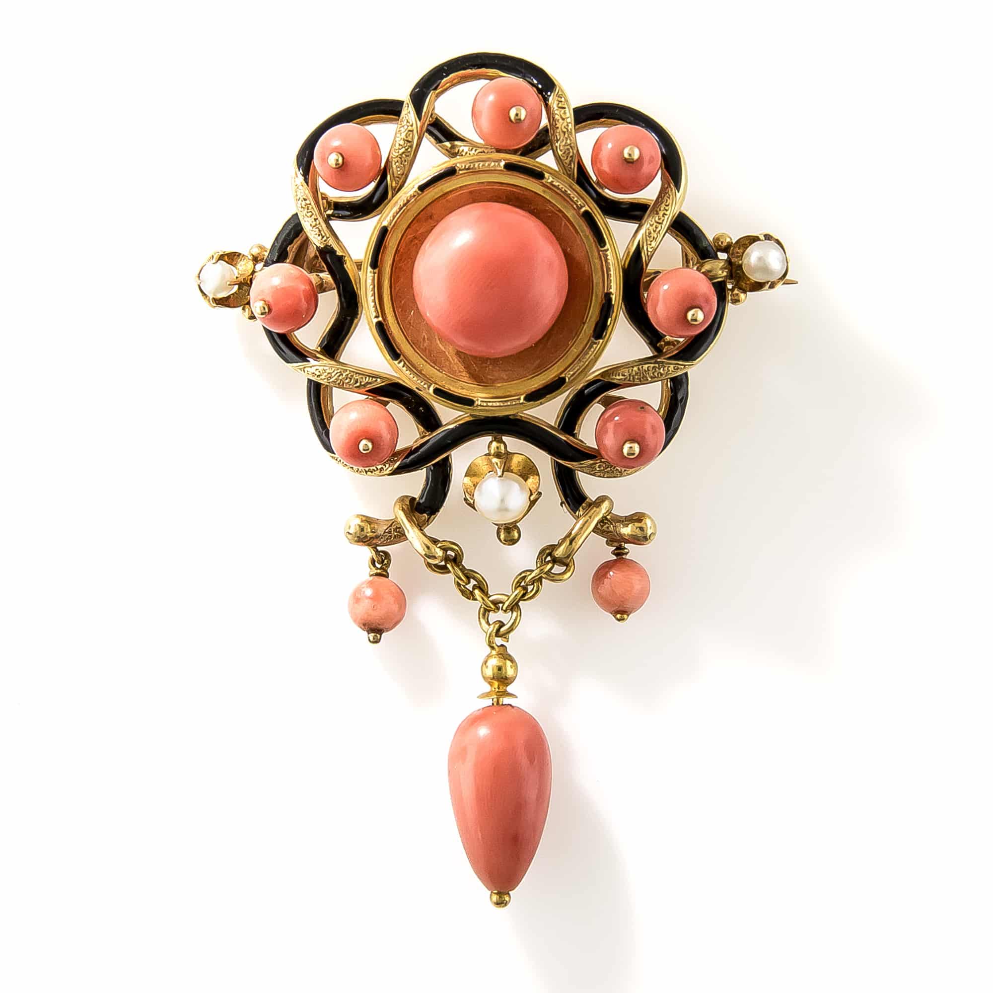 Antique French Coral, Pearl and Enamel Brooch.