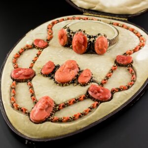 Victorian Coral Cameo Jewelry Suite of Necklace, Brooch and Bracelet.