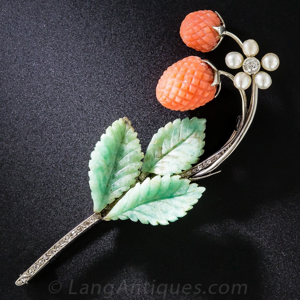 Wild Strawberry Brooch with Amazonite Leaves.