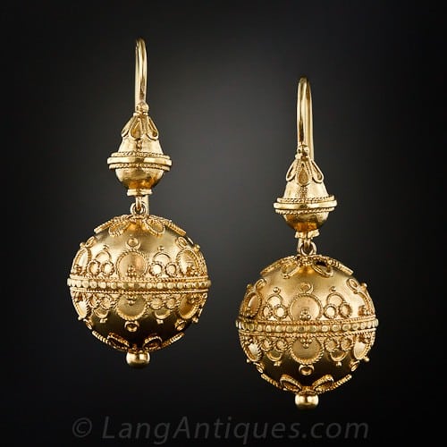 Victorian Etruscan Revival Gold Earrings.