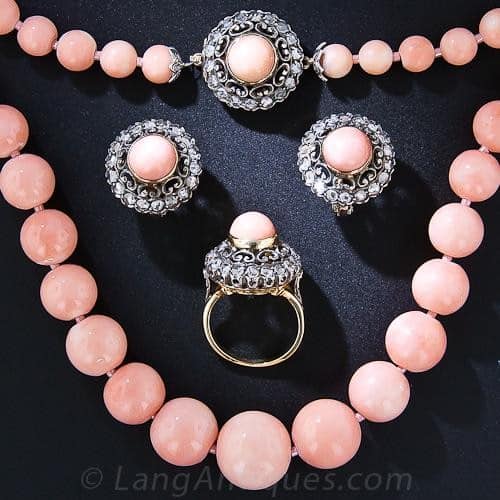Mid-Century Angel Skin Coral Necklace, Earrings and Ring.