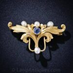 Art Nouveau Montana Sapphire and Pearl Pin.