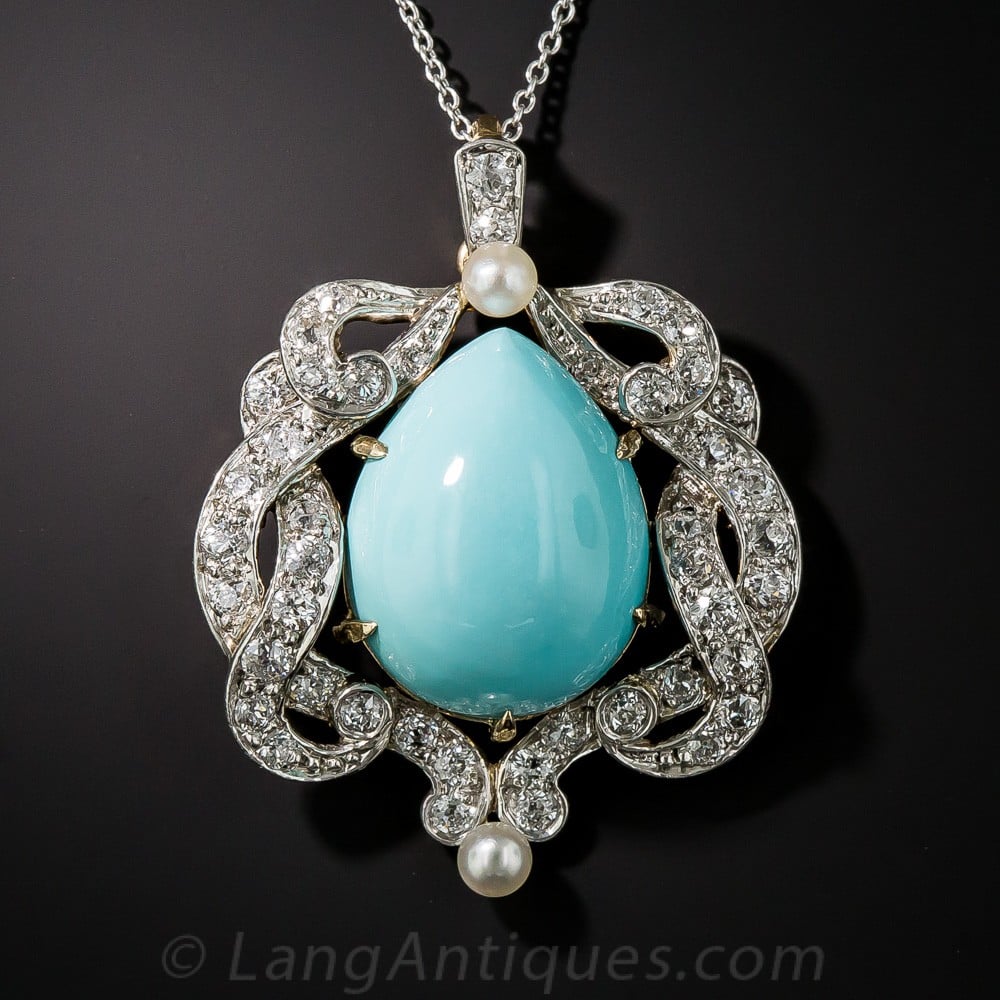 Edwardian Turquoise and Diamond Pendant by J. A. Granbery