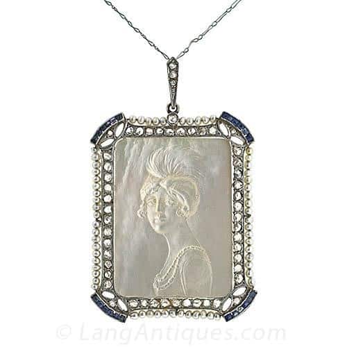 Exquisite Carved Mother of Pearl Cameo Pendant.
