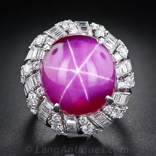 Large Scale Synthetic Star Ruby and Platinum Diamond Ring