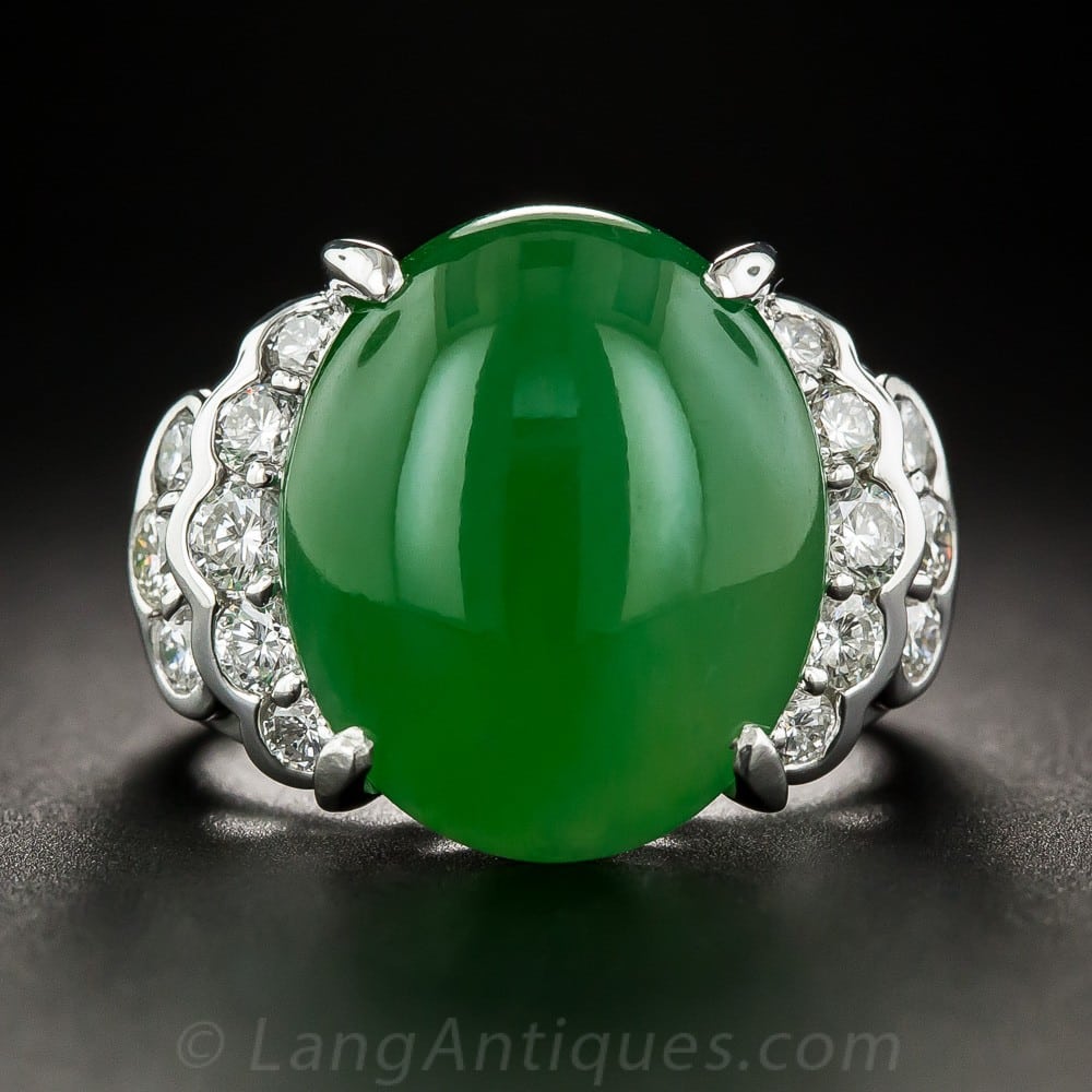 Natural Burmese Jade Platinum Diamond Ring.