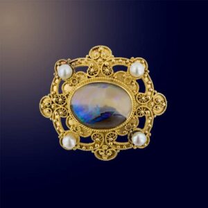 Etruscan Revival Opal and Pearl Brooch.