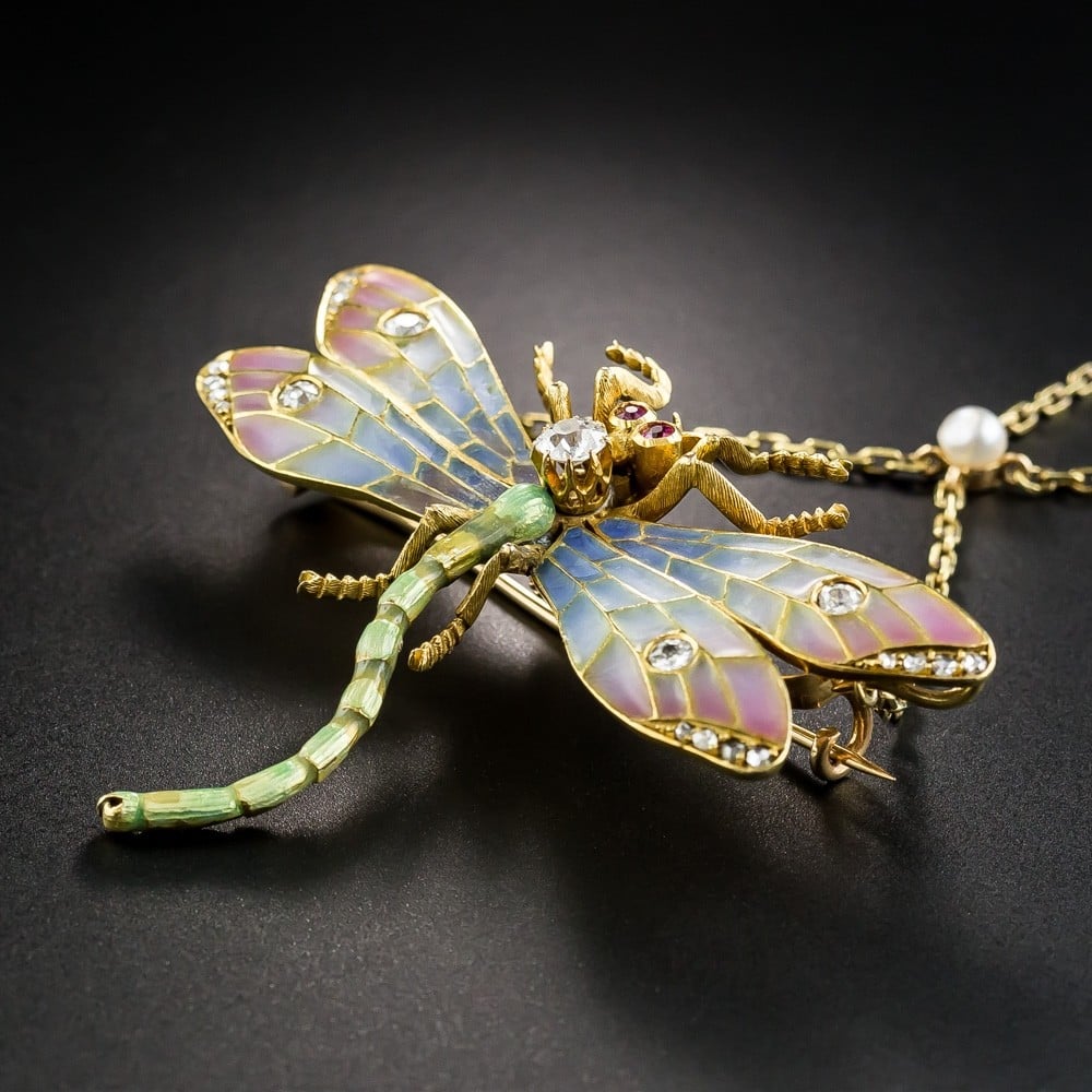 Art Nouveau Plique à Jour Dragonfly Pendant Necklace, c.1900.