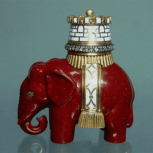 Fabergé Purpurin Elephant with a Tower in Gold, Silver, Enamel and Rose-Cut Diamonds, M. Perkhin Workshop.