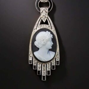 Art Deco Onyx and Diamond Cameo Pendant Necklace.
