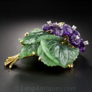 Carved Nephrite and Amethyst Floral Brooch.