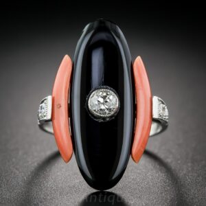 Art Deco Coral, Black Onyx and Diamond Ring