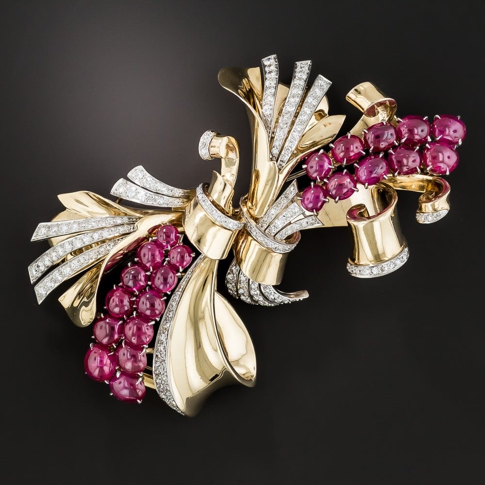 Trabert and Hoeffer, Mauboussin Retro Ruby and Diamond Double Clip Brooch.