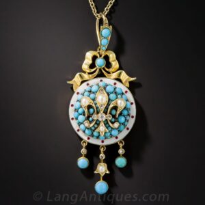 Victorian Turquoise, Seed Pearl and Enamel Fleur-de-Lys Necklace.