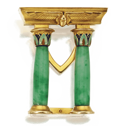 Egyptian Revival Jade and Enamel Temple Clip, Marcus & Co., c.1900. Photo Courtesy of Sotheby's.