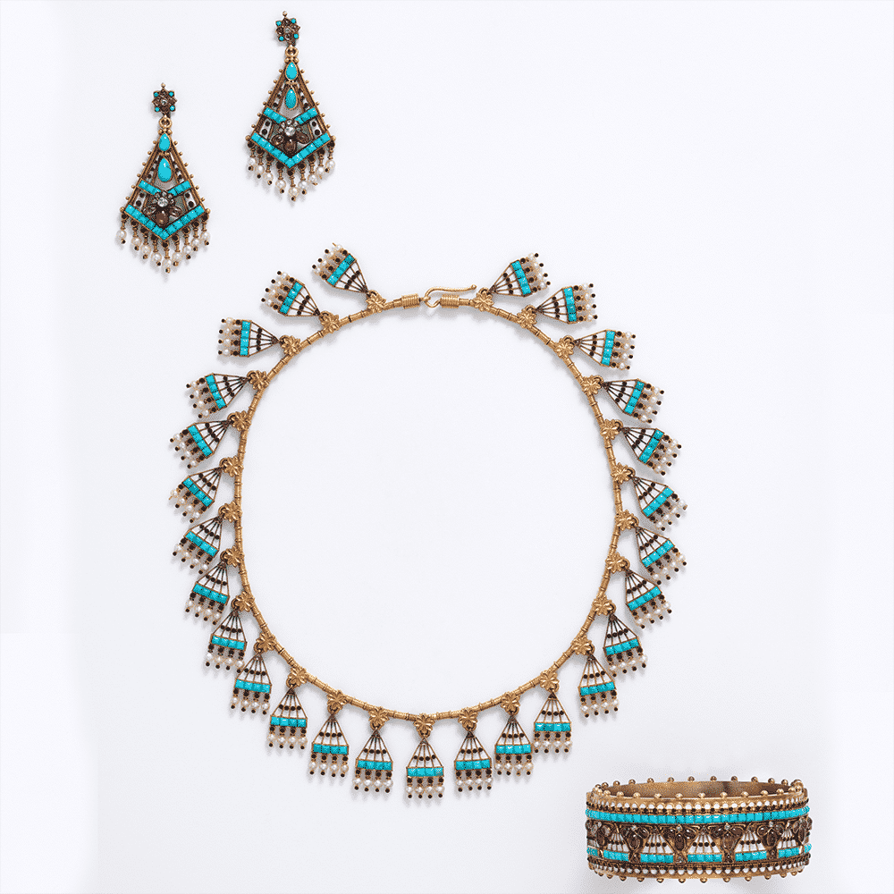 Egyptian Revival Demi-Parure of Necklace, Earrings & Bracelet, Guiliano, c. 1865.