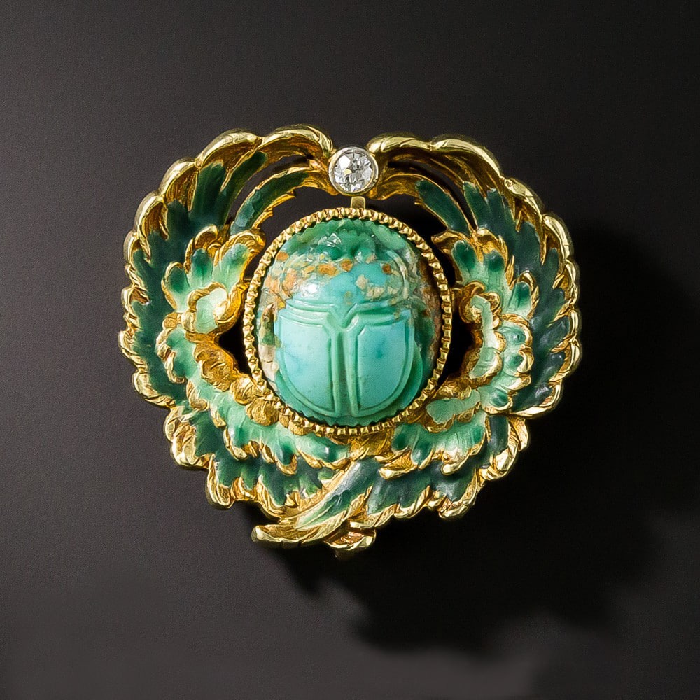 Egyptian Revival, Art Nouveau Turquoise and Enamel Scarab Brooch, c.1900.