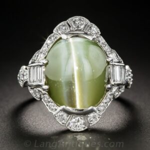 Cat's Eye Chrysoberyl, Diamond, Platinum Ring Exhibiting Chatoyancy.