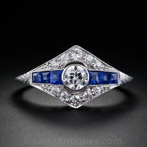 Art Deco Diamond and Sapphire Engagement Ring.
