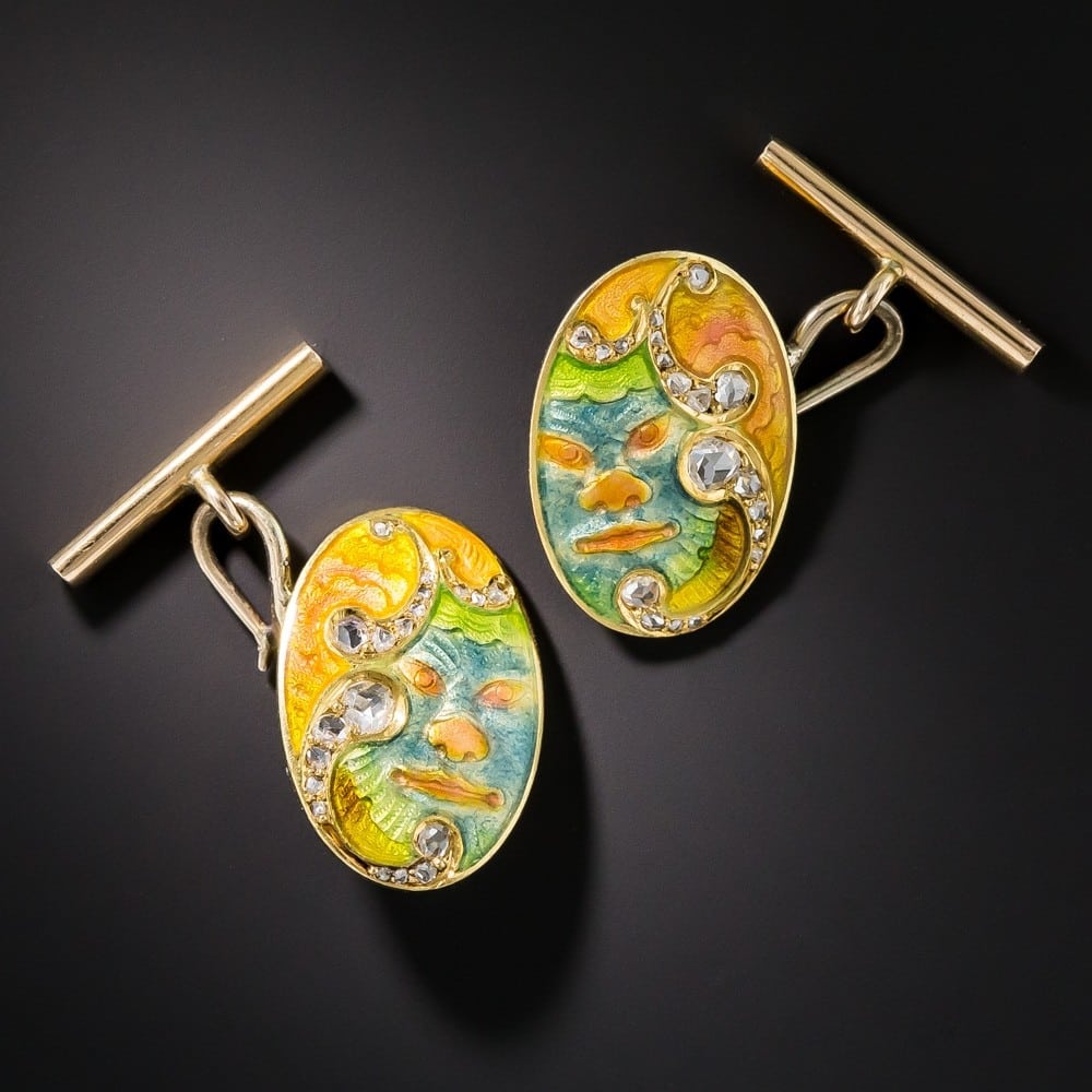 Japonesque Art Nouveau Polychrome Enamel Cufflinks.