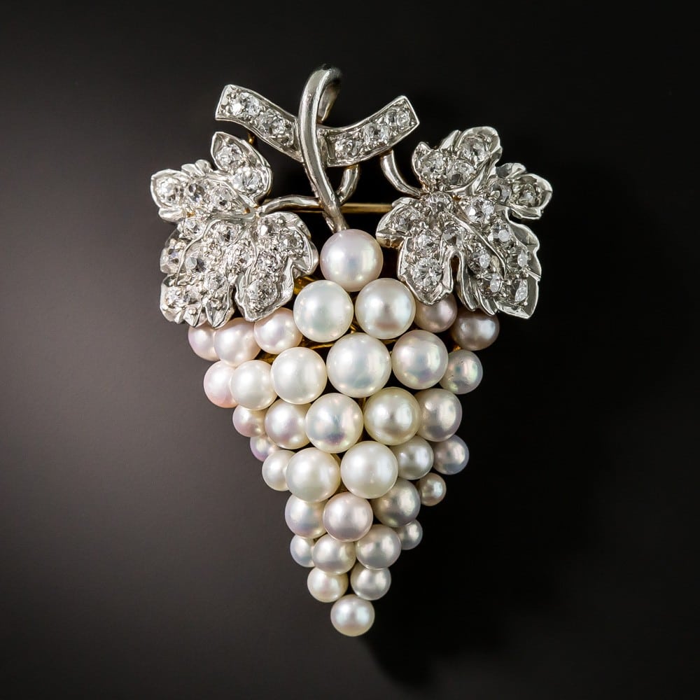 Natural Pearl Grape Cluster Brooch with Rose, Silver, and Lavender Overtones.