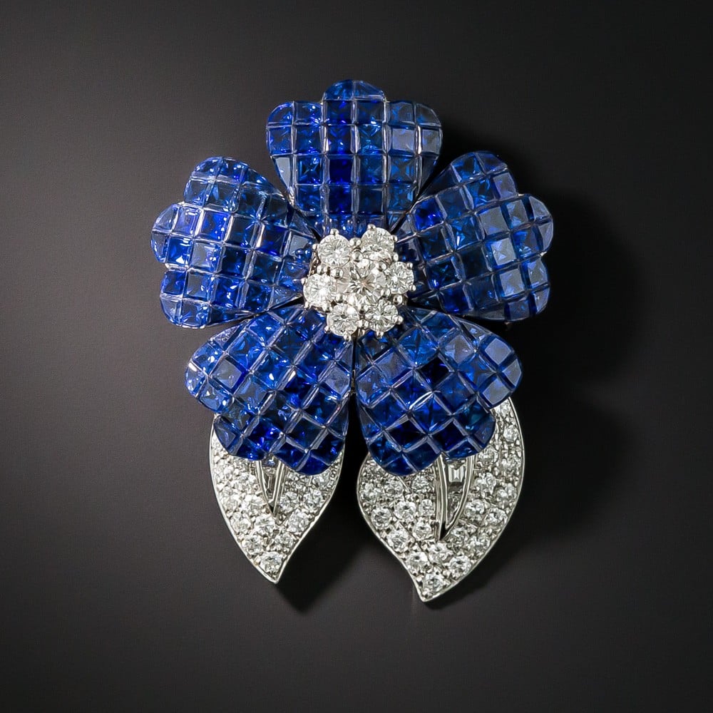 Invisibly-Set Sapphire and Diamond Brooch, Front.