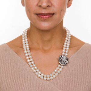 Matinee Length Mid-Century Double Strand Pearl Necklace with Diamond Clasp.