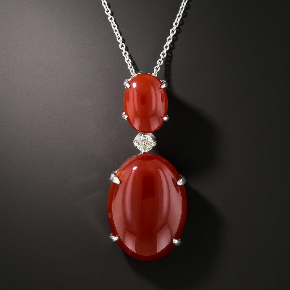 Opaque Red Coral and Diamond Pendant.
