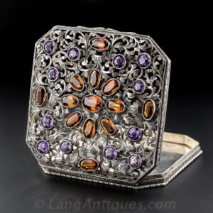 Ornate Pierced Foliate Design on a Silver Box with Amethyst and Citrine.