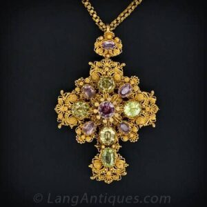 Pink Topaz & Chrysoberyl Cannetille Gold Cross c.1830.