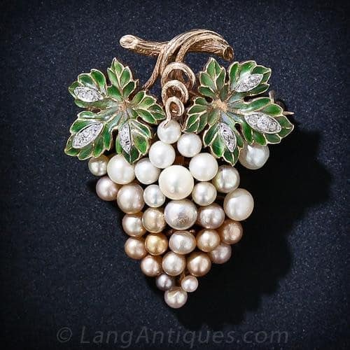 Natural Pearl and Plique-a-Jour Enamel Grape Cluster Brooch.