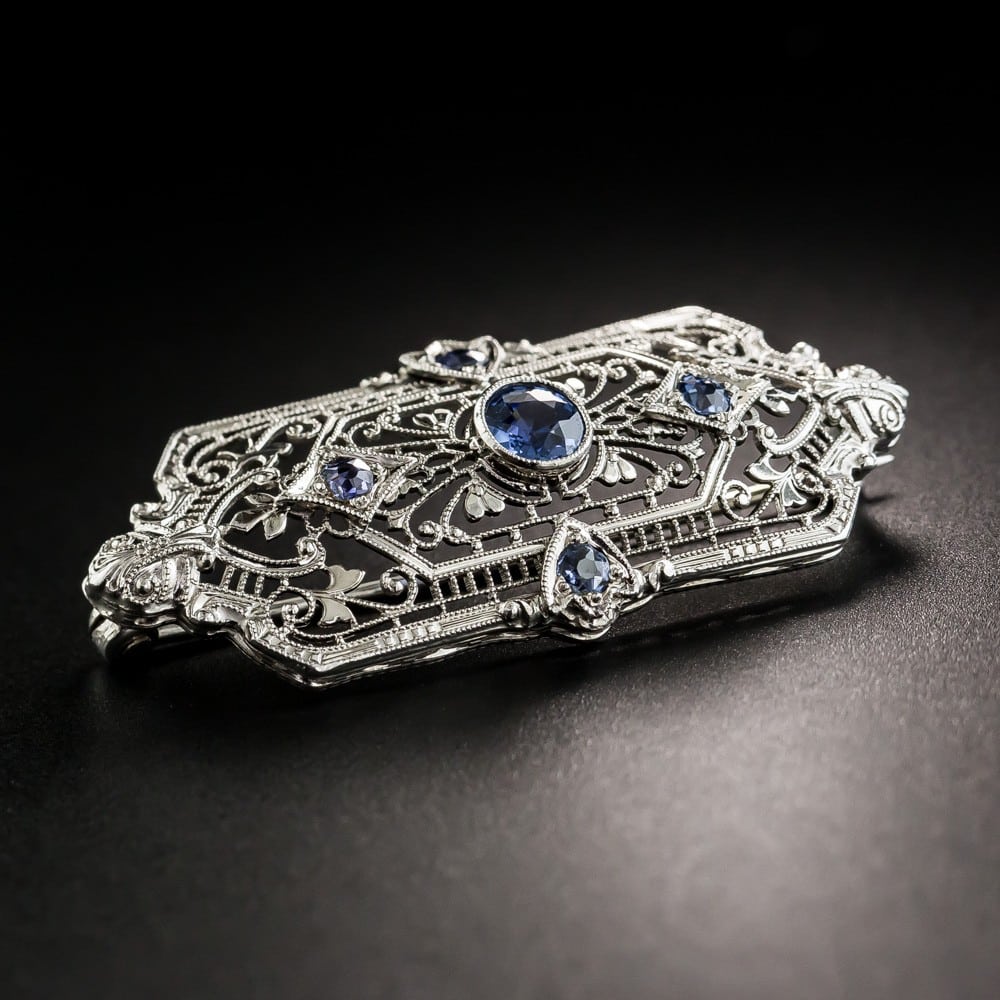 Art Deco Filigree Sapphire Brooch.