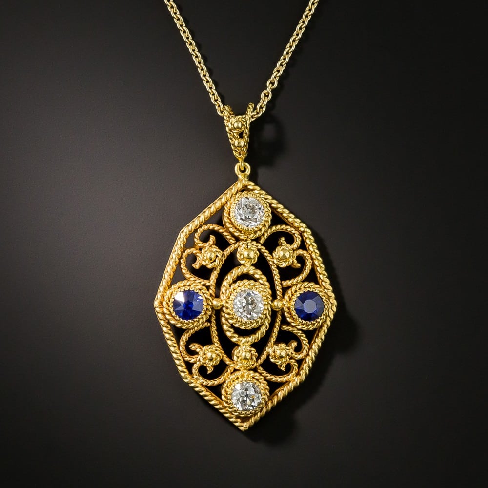 Arts & Crafts Twisted Wire Motif Sapphire and Diamond Pendant.