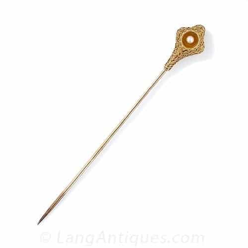 Etruscan Revival Pearl and Gold Stickpin.