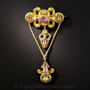 Repoussé Georgian Pink Topaz and Chrysoberyl Brooch with Cuir Roulé Motifs.