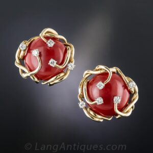 Mid-Century Coral and Diamond Tendril Design Ear Clips.