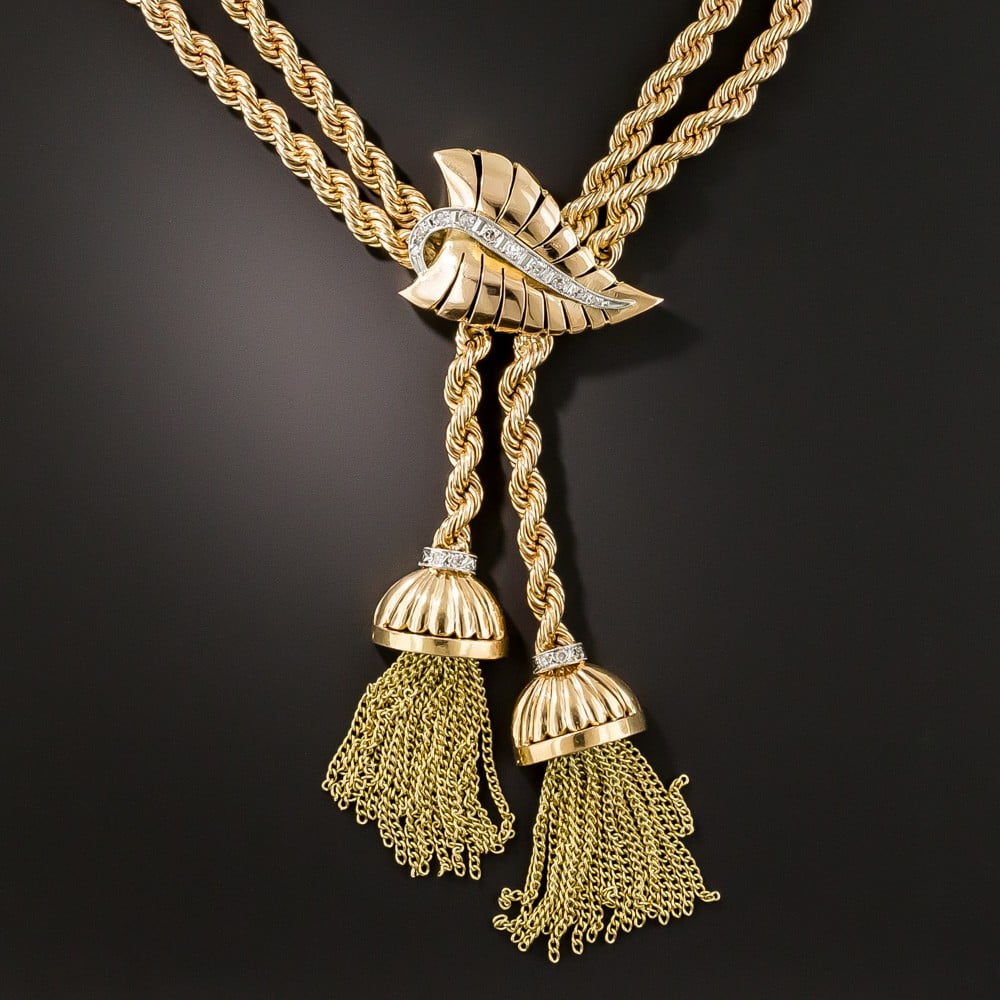 Gold and Diamond Mid-Century Tassel Necklace.