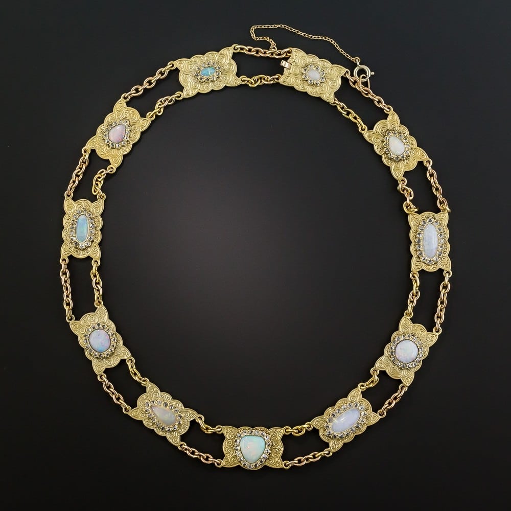 Mid-Century Opal and Rose-Cut Diamond Necklace Composed of Scalloped Plaques Connected by Oval Links.