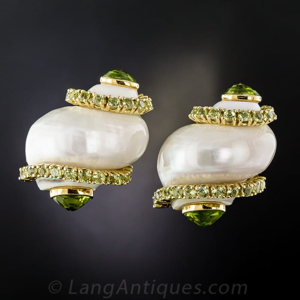 Seaman Schepps Turbo Shell and Peridot Earrings.