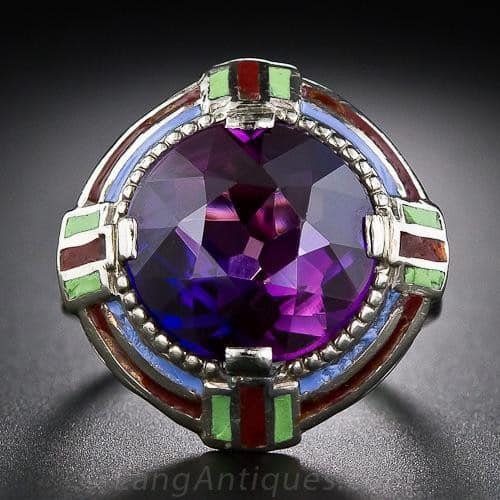 Synthetic Alexandrite-Like Sapphire and Enamel Art Deco Ring.
