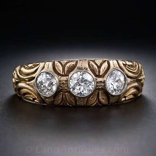 Art Nouveau Hand Carved Diamond and Gold Gypsy Ring.
