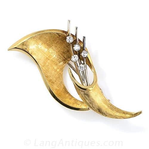 Mid-Century Abstract Diamond and Gold Brooch with a Florentine Finish.